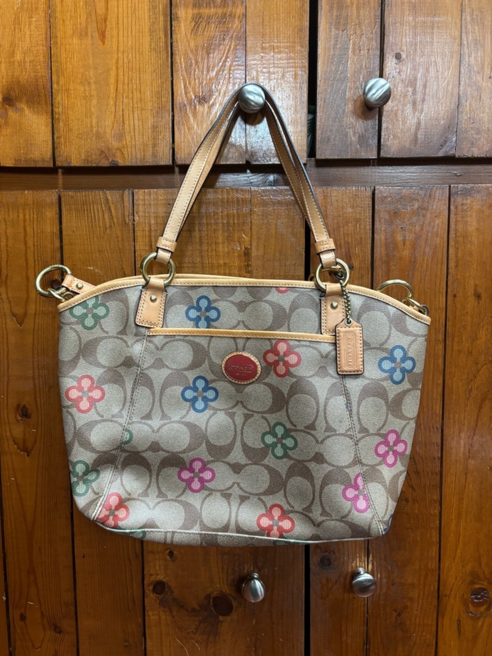 Coach Beige Signature Canvas Tote with Multicolor Floral Accents